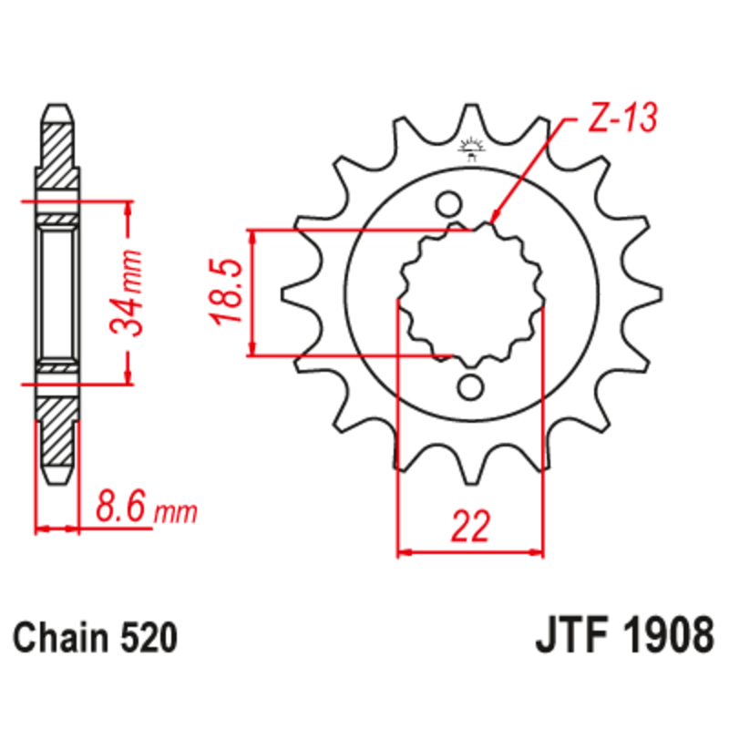 Pignon JT SPROCKETS acier anti-bruit 1908 - 520 Pignon JT SPROCKETS acier anti-bruit 1908 - 520